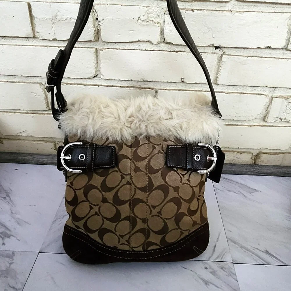 Euc Coach Signature Canvas Shearling Duffle Khaki Handbag Tote Bag Purse